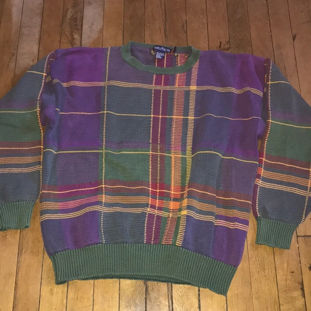 Nautica Multicolor Plaid Crewneck Sweater - Green, Purple & Red Accents